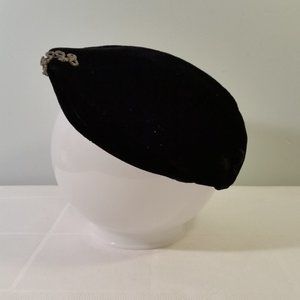 Classic Black Velvet Hat with bead accents. True Vintage 1940s GUC